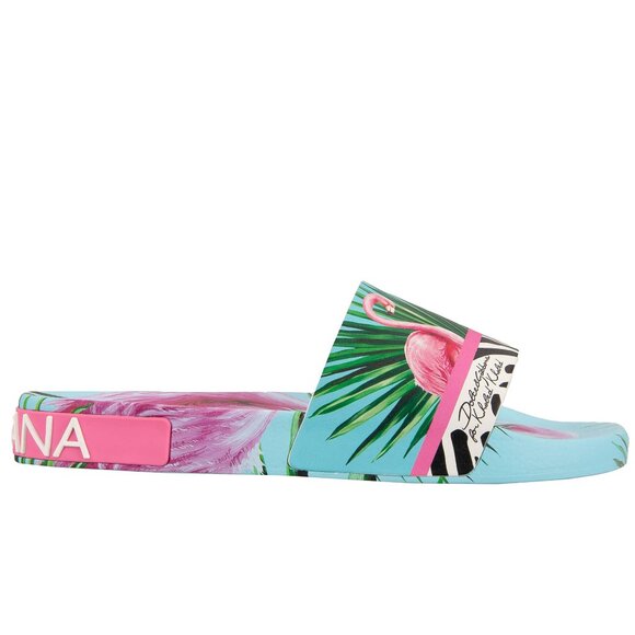 Dolce & Gabbana - DJ Khaled Slides Sandals with Flamingo Zebra Print Blue Pink E - Picture 4 of 5